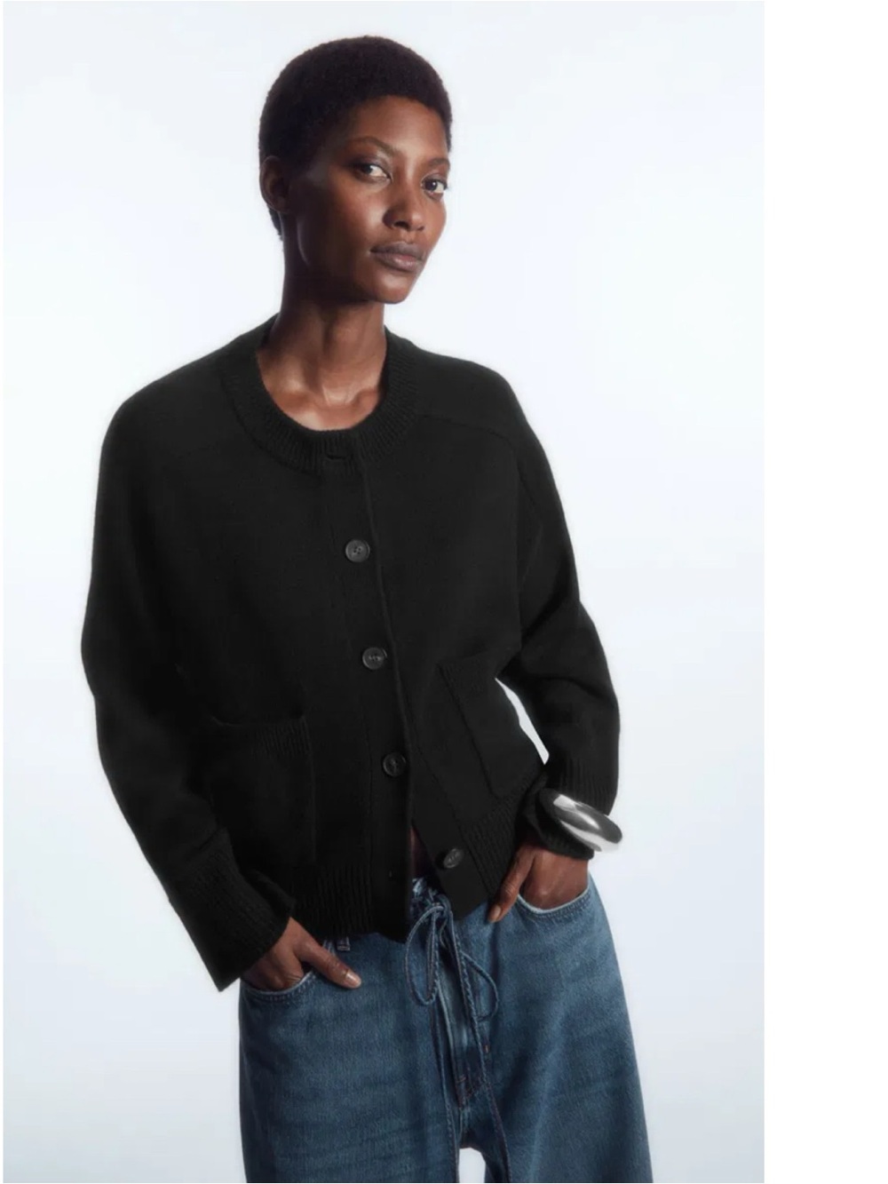 COS Cropped Wool crew neck Cardigan black Sz Small